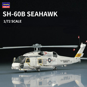 Model helicopter kit of SH-60B Seahawk with 'Hasegawa' branding on a dark background