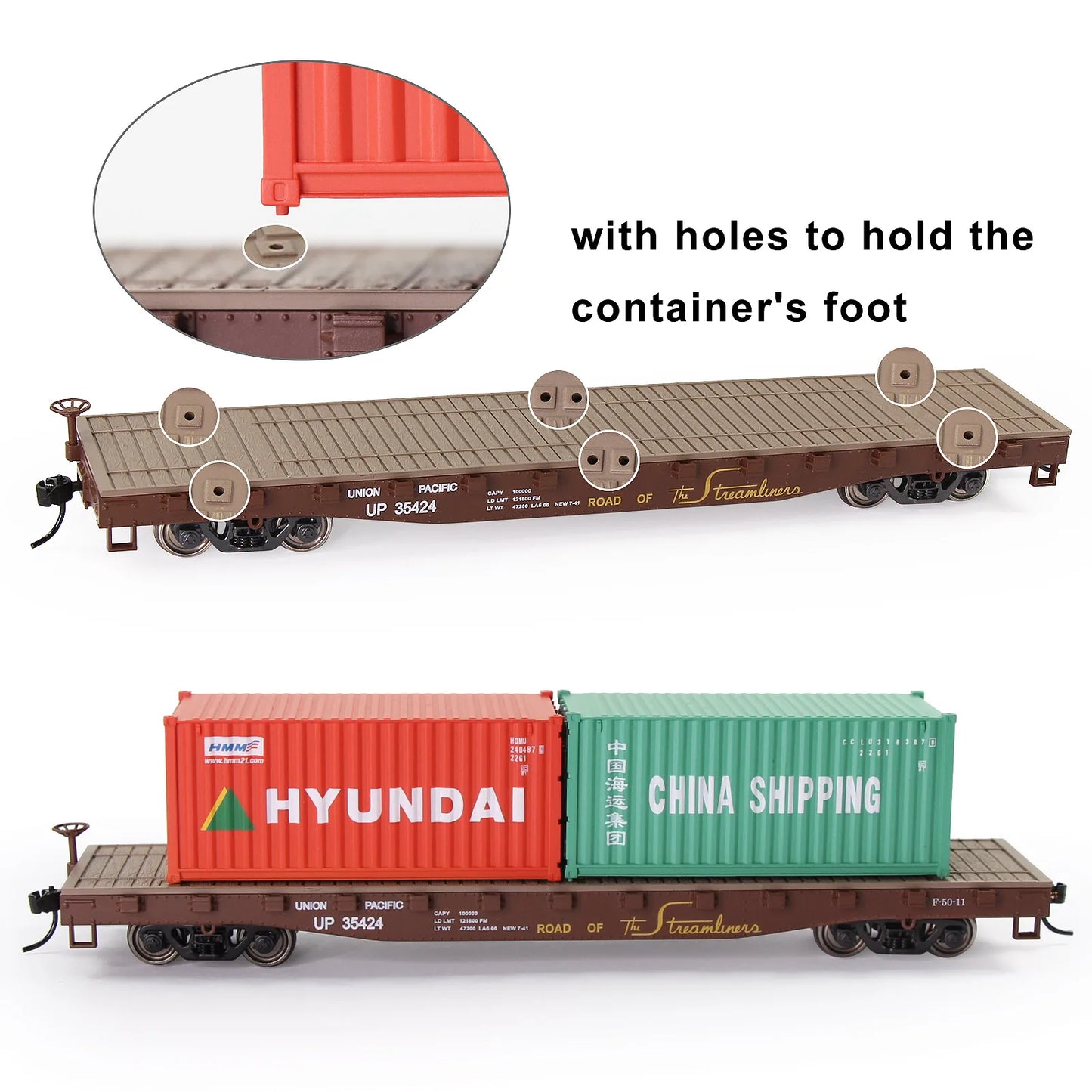 Evemodel Trains Set 1 lot HO Scale 1:87 52ft Flat Car with Shipping Container Cargo