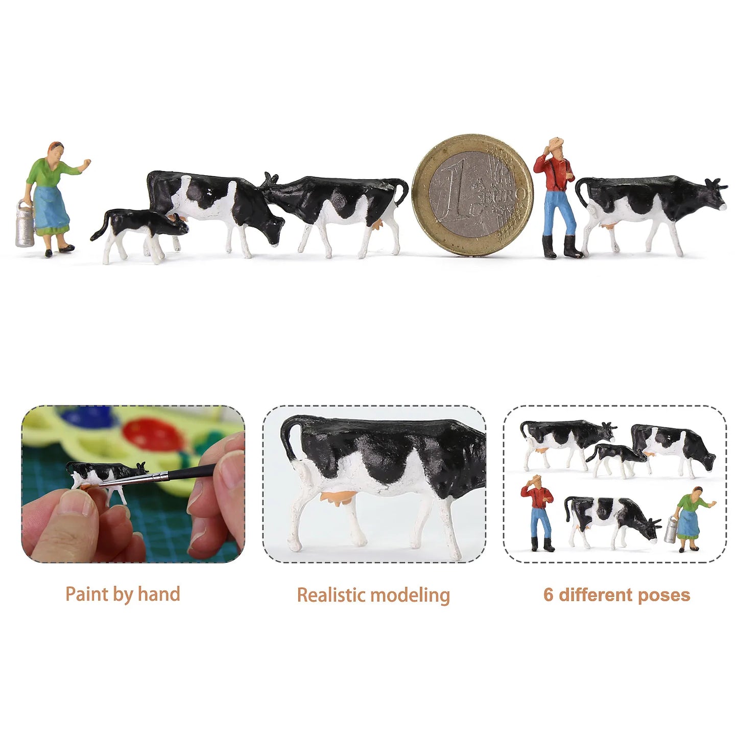 Evemodel 36pcs Model Railway Layout HO Scale 1:87 Well Painted Farm Cows Black and White with Shepherd AN8720