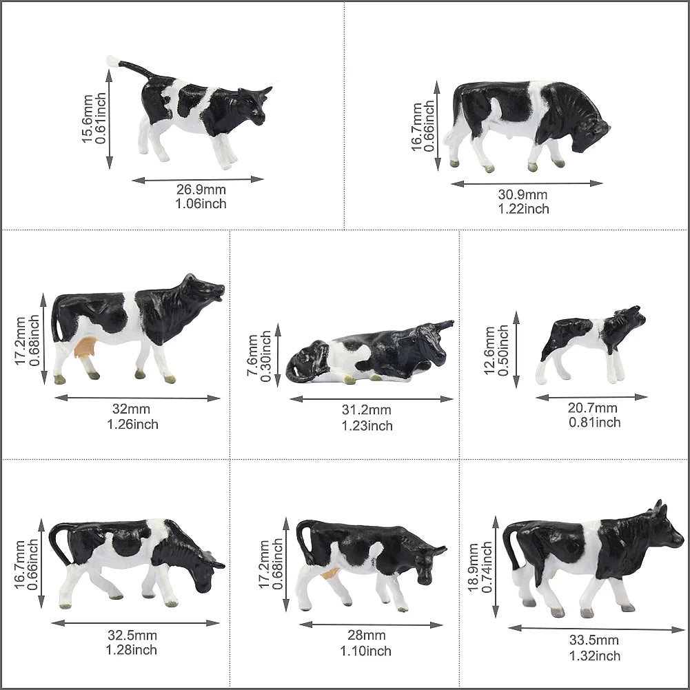 Evemodel 32pcs Model Railway HO Scale 1:87 Painted Farm Animals Black White Cows 8 Different Poses P8714