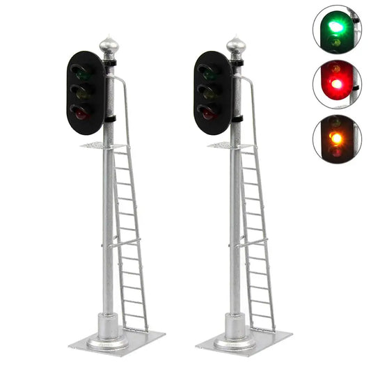 Evemodel 2pcs O Scale 1:43 Model Railroad Block Signals 3-Lights Green Yellow Red Silver Post with Ladder