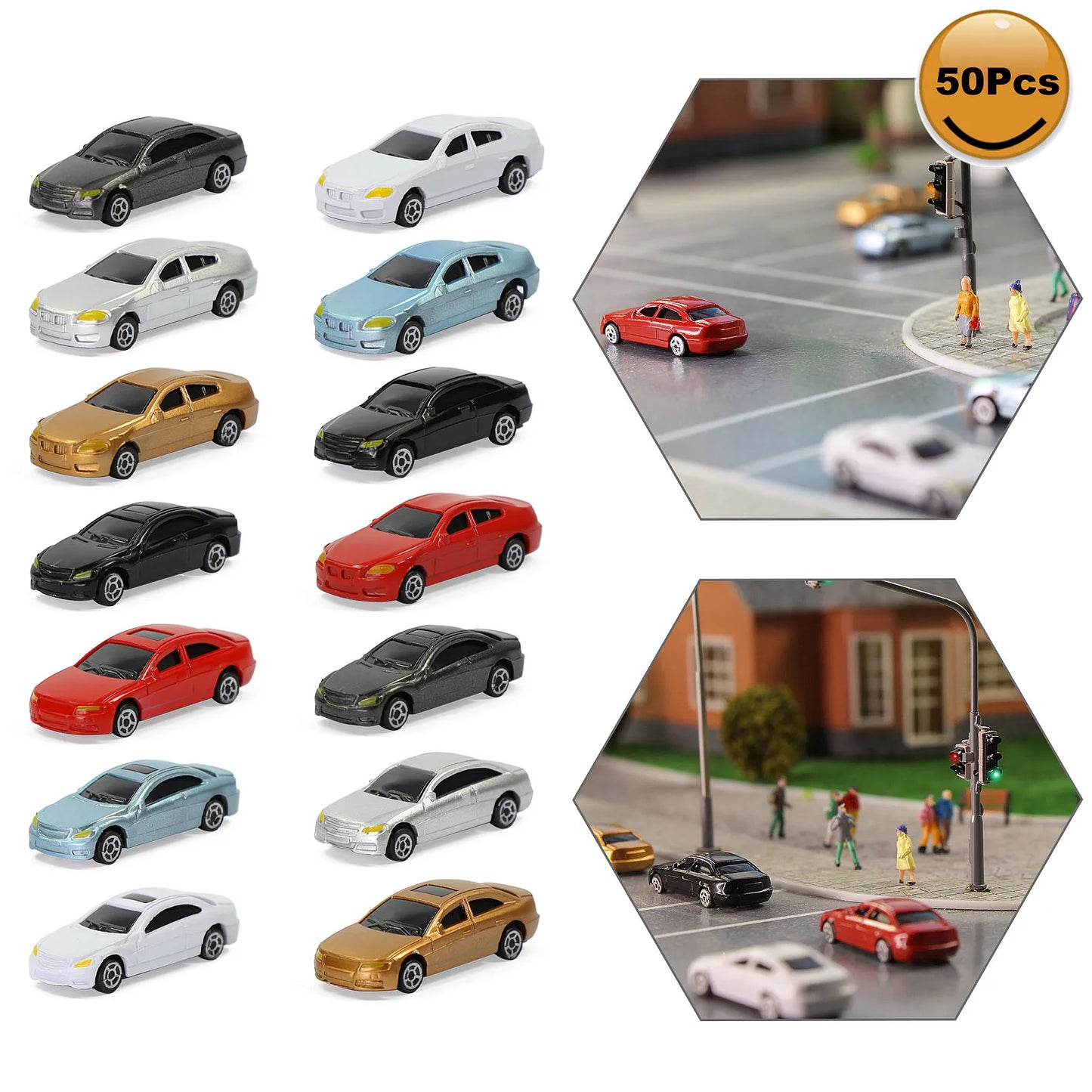 Evemodel 50pcs Mini Model Cars N Scale 1:160 Vehicles Model Trains Layout Model Plastic Cars C150