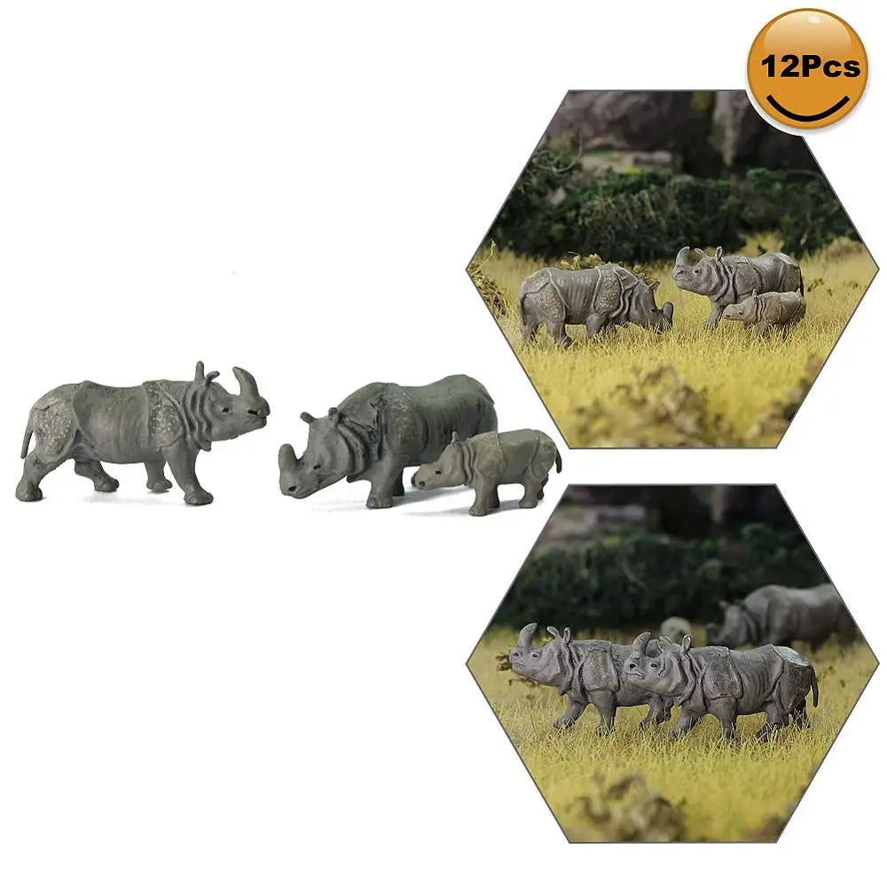 Evemodel Animals 12pcs Model Railway HO Scale 1:87 Rhinos PVC Painted Wild Animals Rhinoceros Zoo Scene AN8711