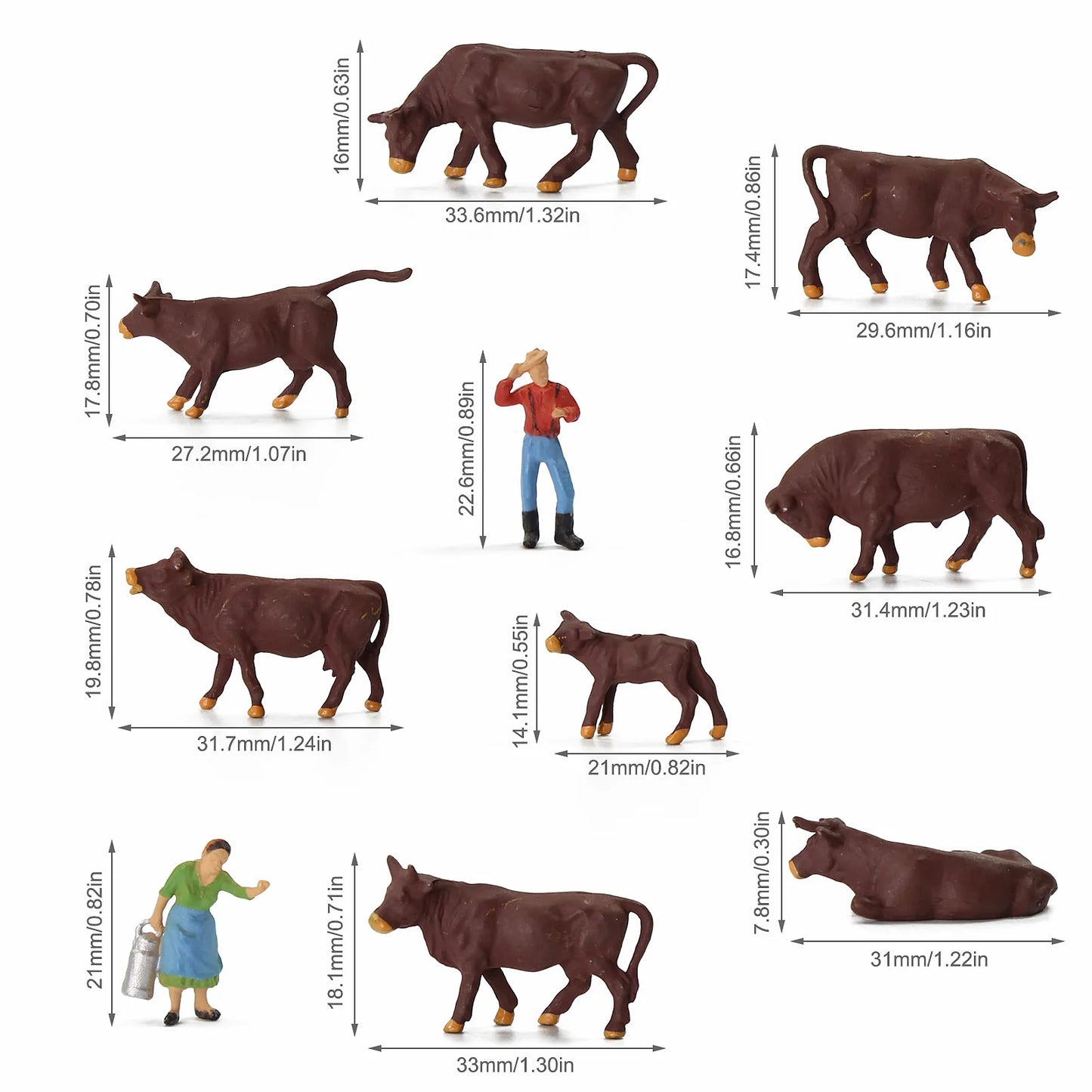 Evemodel AN8721 Model Scene 36pcs HO Scale 1:87 Well Painted Farm Animals Brown Cows Cattle Shepherd