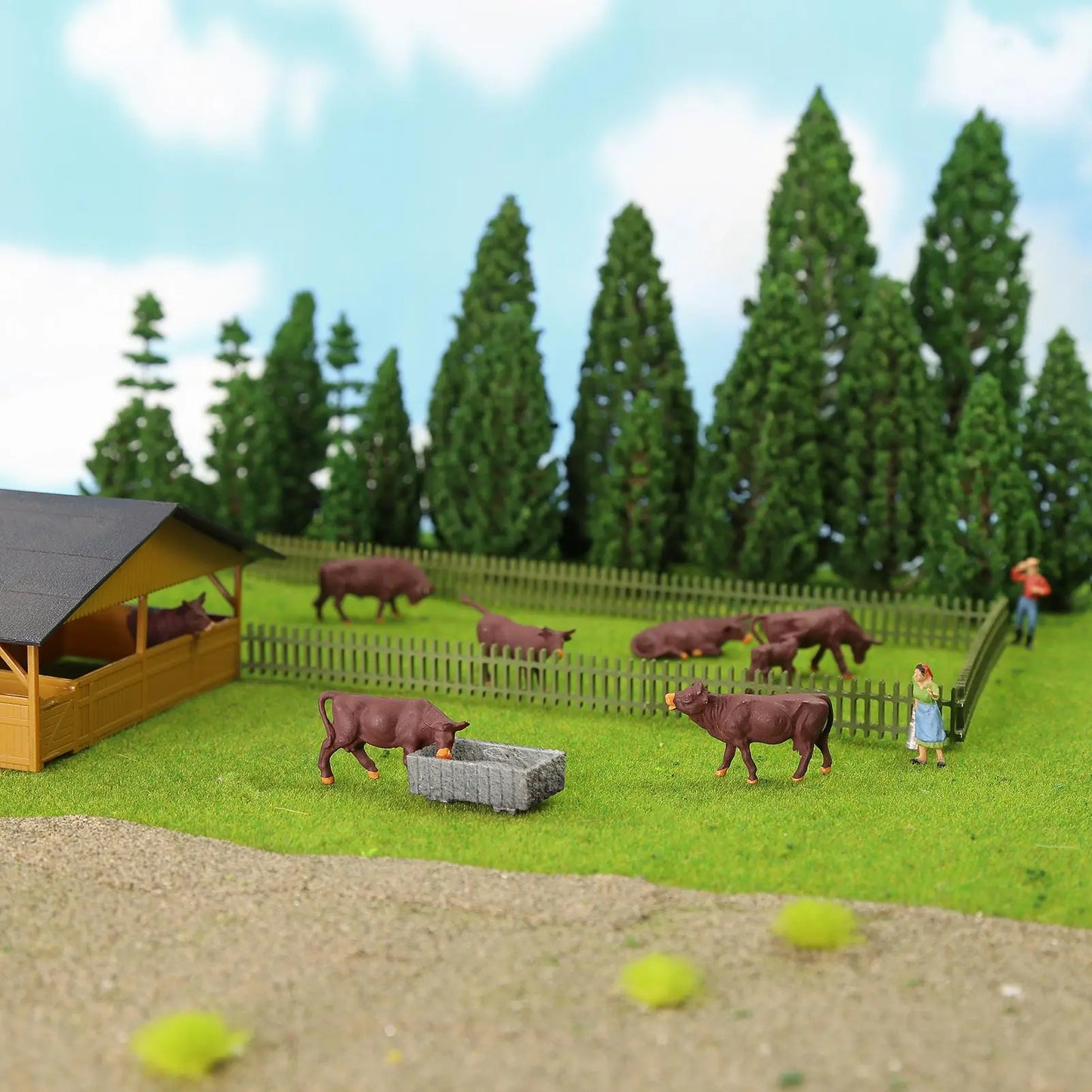 Evemodel AN8721 Model Scene 36pcs HO Scale 1:87 Well Painted Farm Animals Brown Cows Cattle Shepherd