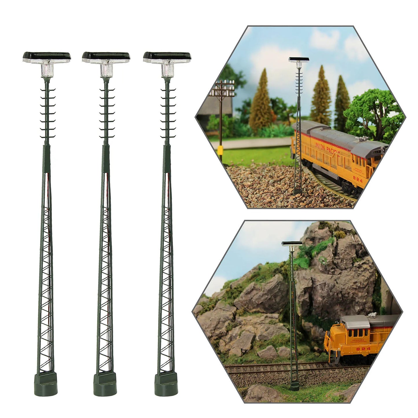 Evemodel LQS64HO 3pcs Model Railway Lattice Mast HO Scale Lamp Track Light Bright White Layout 1:87 14.3cm