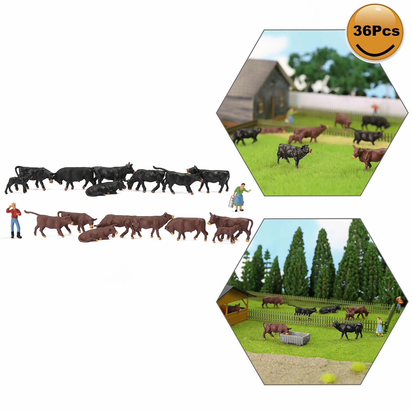 Evemodel 36pcs HO Scale 1:87 Farm Animals Brown and Black Cows Cattle Shepherd AN8723 Model Diorama