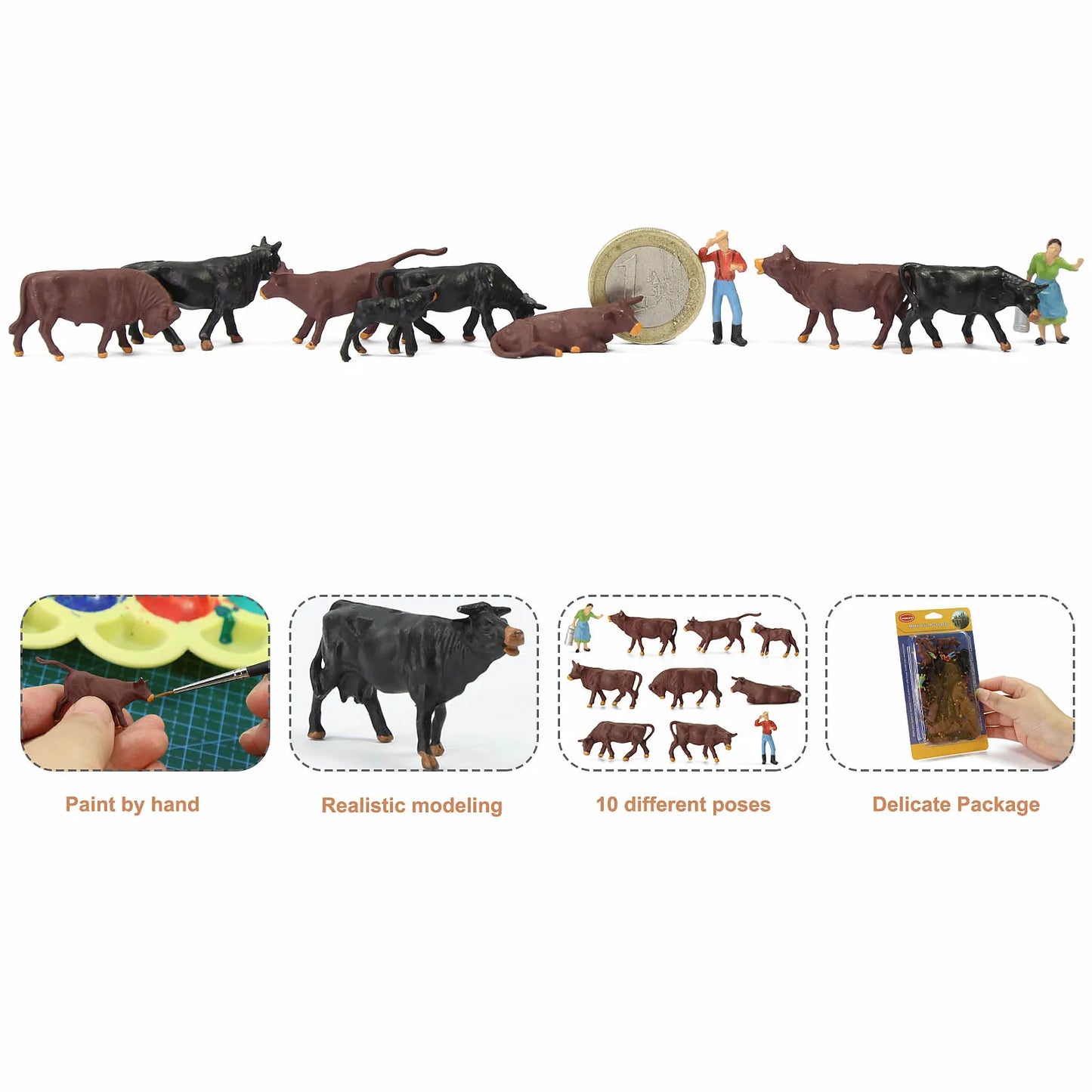 Evemodel 36pcs HO Scale 1:87 Farm Animals Brown and Black Cows Cattle Shepherd AN8723 Model Diorama