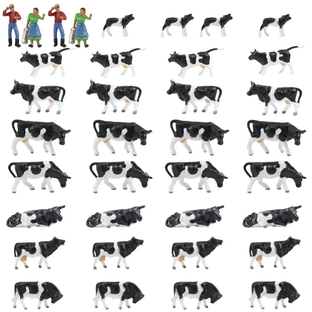 Evemodel AN8704 36pcs Model Trains HO Scale 1:87 Painted Herder Farm Animals Black White Cows