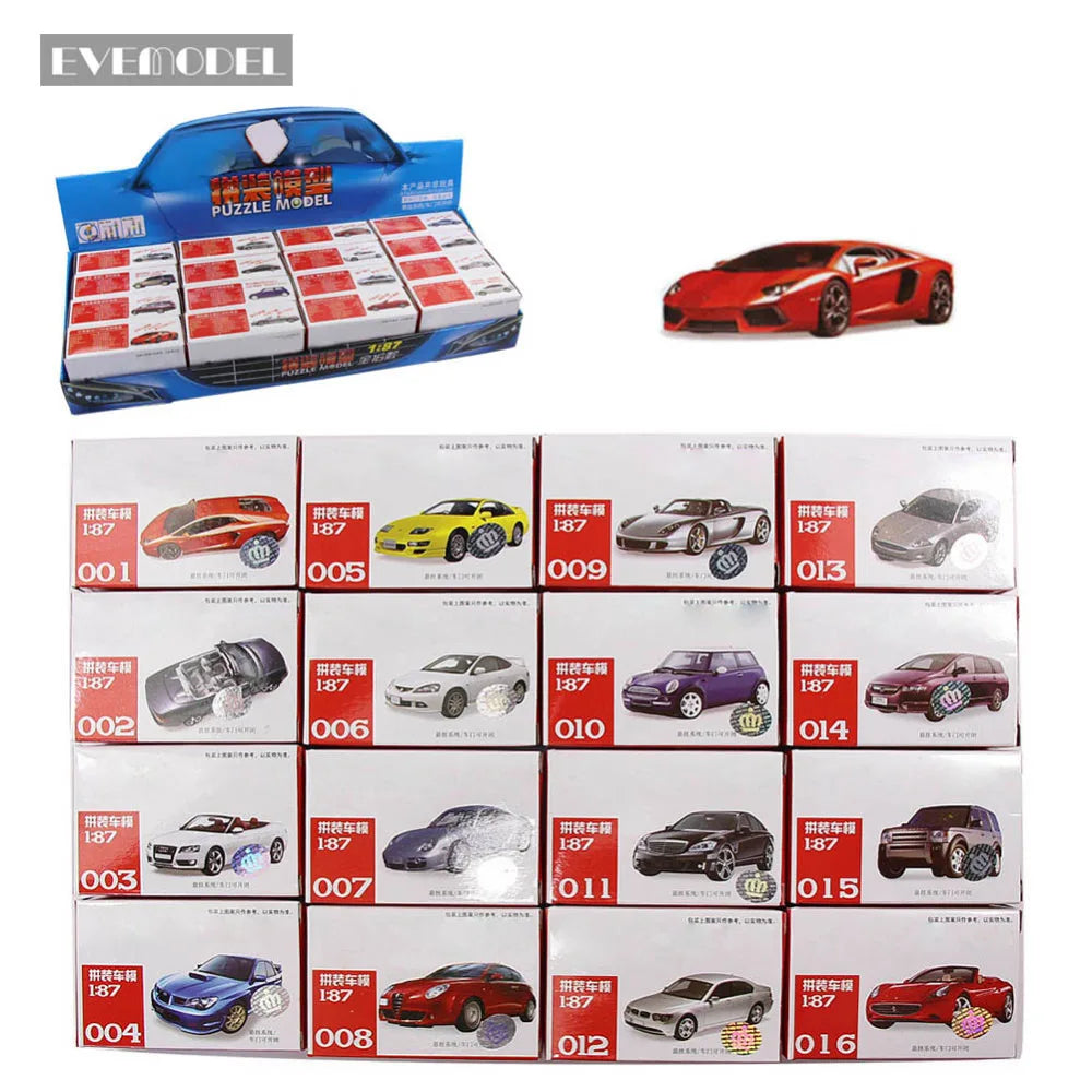 Evemodel C8704 16pcs 4D Model Cars Kit HO Scale 1:87 Puzzle Model Cars Railway Layout DIY 16 Styles