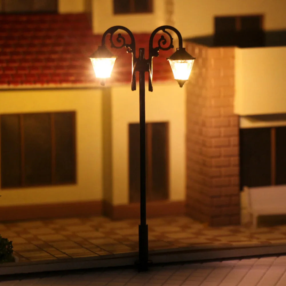 Evemodel LYM61 5pcs Model Train HO Scale Lamp Post LEDs 1:87 Street Lights 65mm Miniature Double Heads Warm White