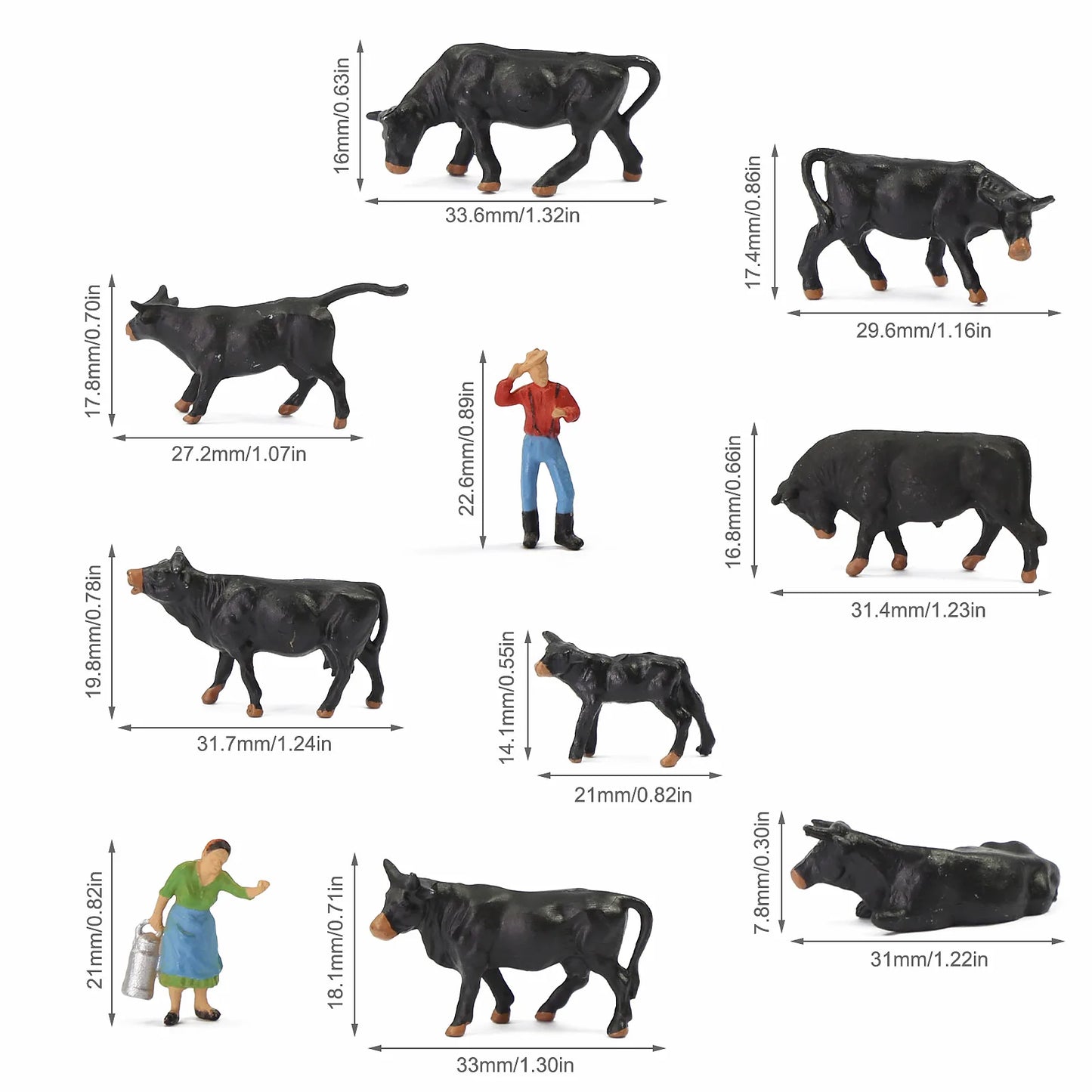 Evemodel 36pcs HO Scale 1:87 Well Painted Farm Animals Black Cows Cattle Shepherd AN8722 Model Railway Layout