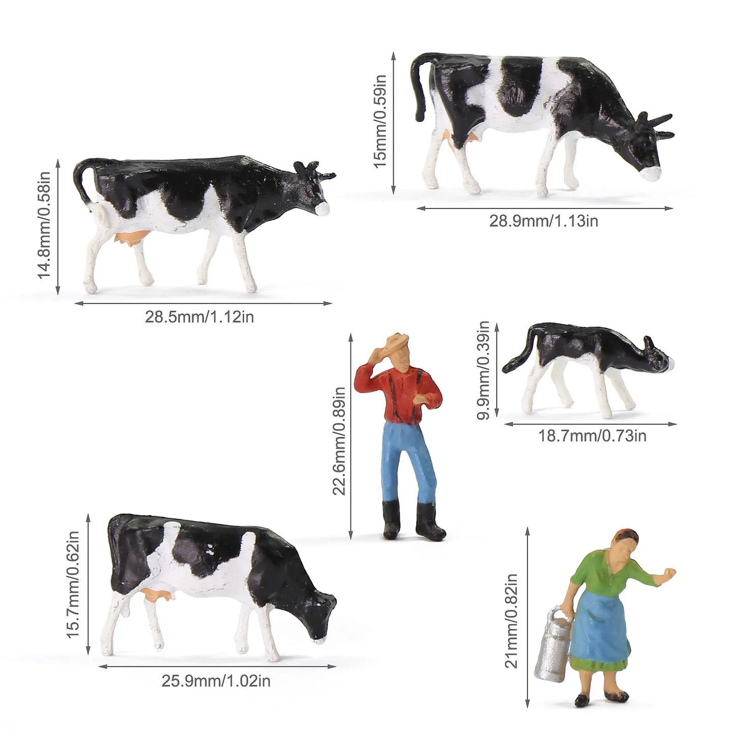 Evemodel 36pcs Model Railway Layout HO Scale 1:87 Well Painted Farm Cows Black and White with Shepherd AN8720