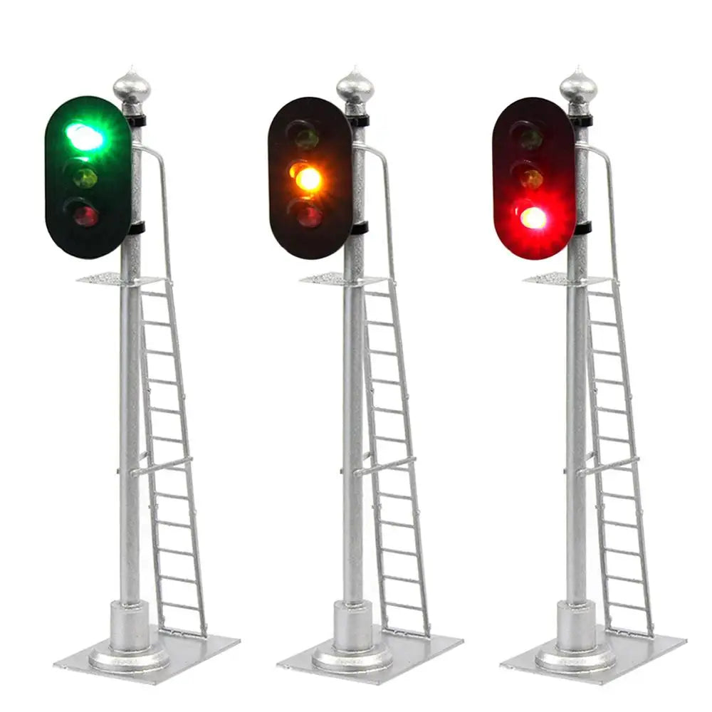 Evemodel 2pcs O Scale 1:43 Model Railroad Block Signals 3-Lights Green Yellow Red Silver Post with Ladder