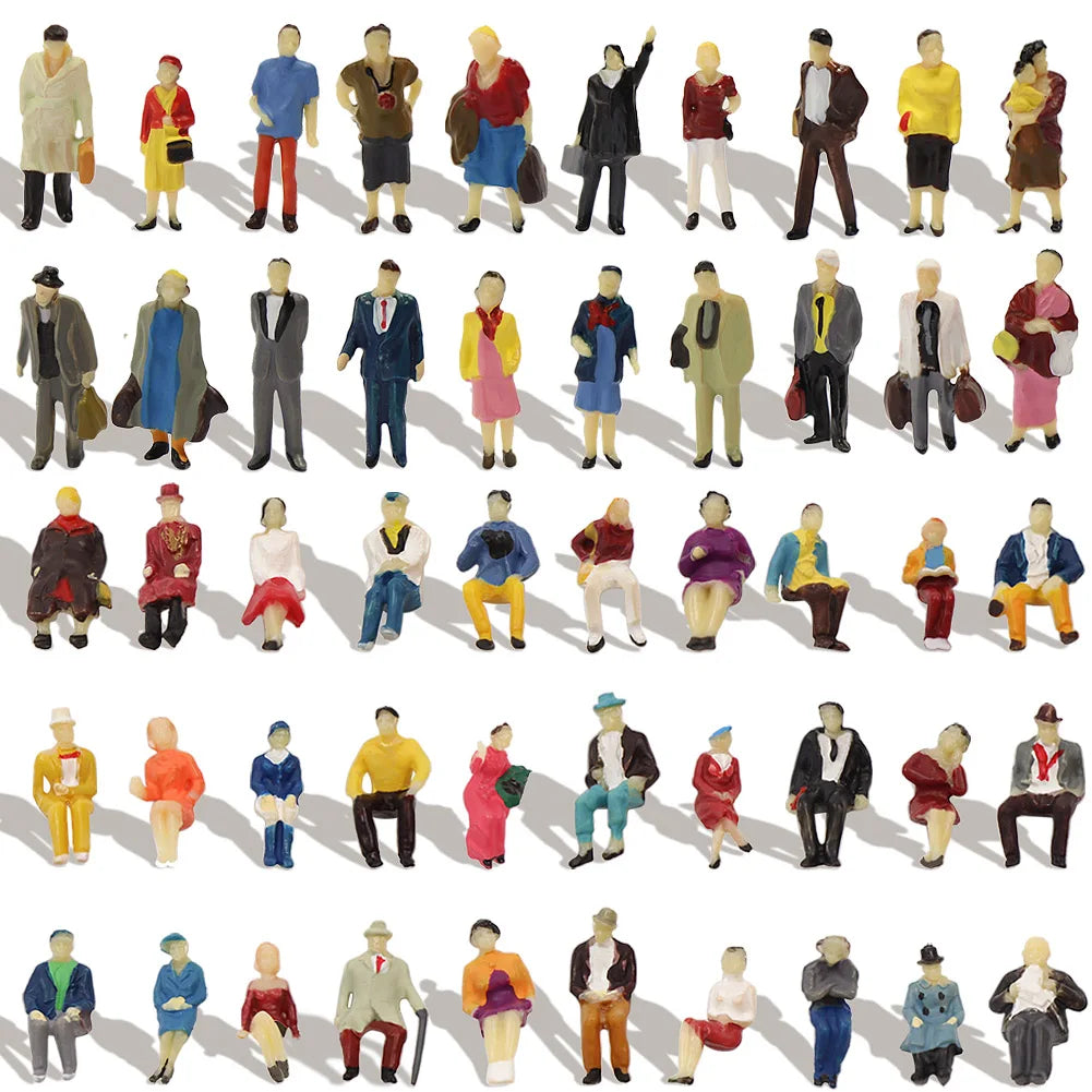 Evemodel 100pcs HO scale 1:87 Standing Seated Passenger People Figures Well-Painted 50 Different Poses Model Train Layout P8715