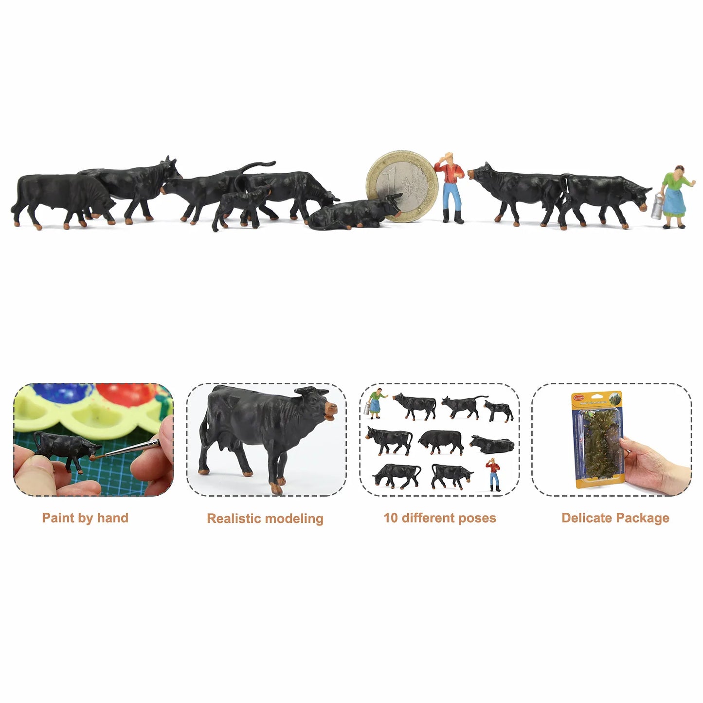 Evemodel 36pcs HO Scale 1:87 Well Painted Farm Animals Black Cows Cattle Shepherd AN8722 Model Railway Layout