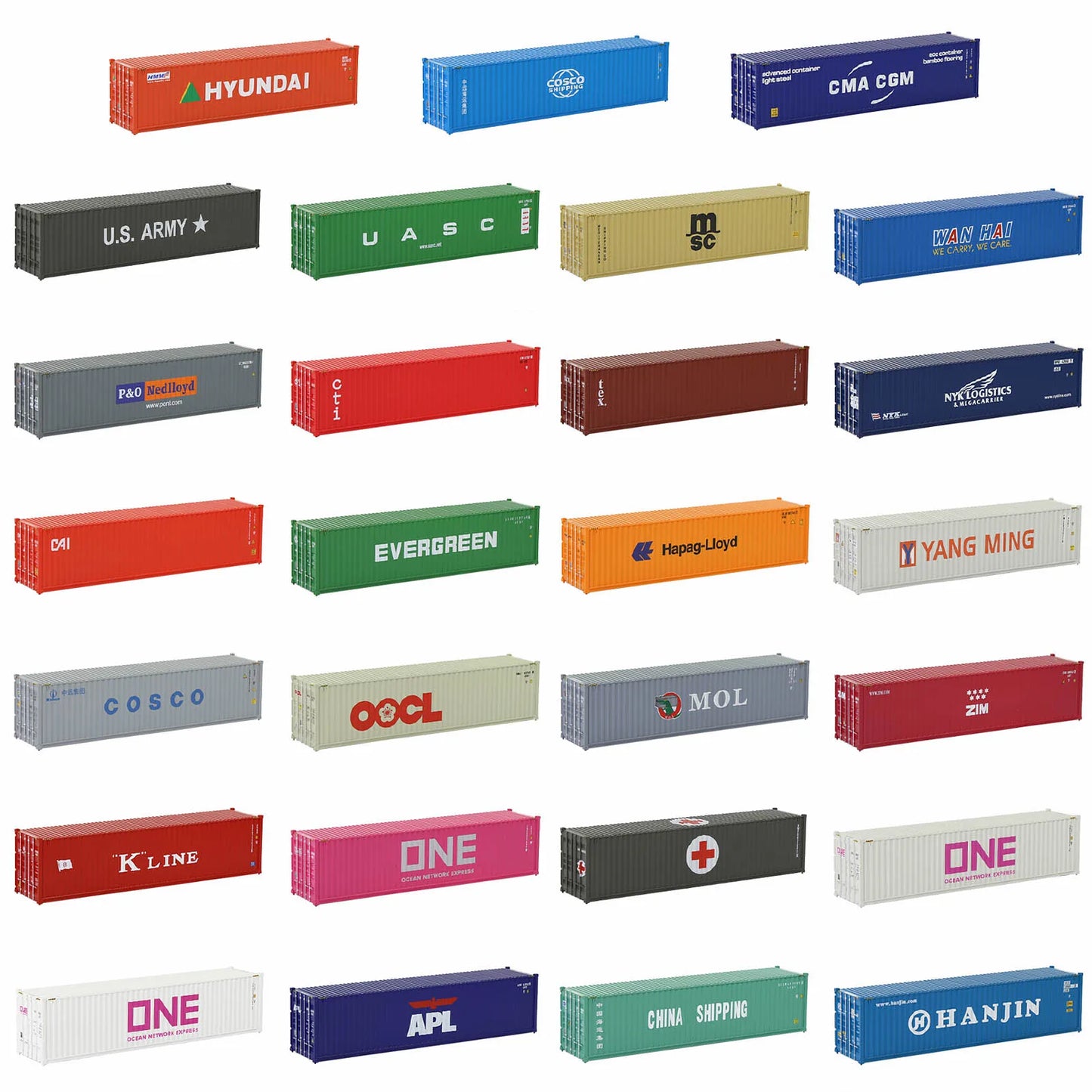 Evemodel 3pcs Different Logo HO Scale 40ft Containers 1:87 40' Shipping Cargo Box C8746