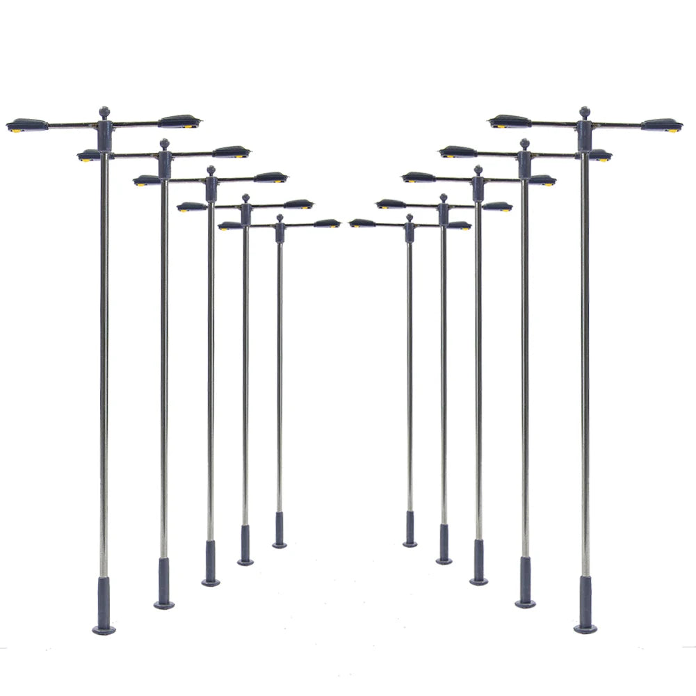 LQS12 Evemodel 10pcs OO Scale 1:75 Metal Two-head Street Light Lamps LED Lamps Warm White Bright White