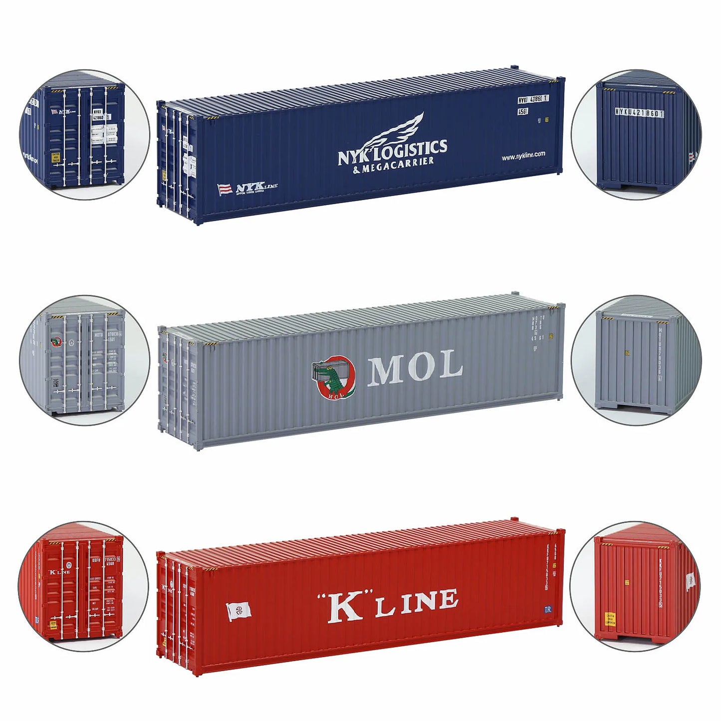 Evemodel 3pcs Different Logo HO Scale 40ft Containers 1:87 40' Shipping Cargo Box C8746