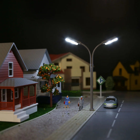 Evemodel 5pcs Model Trains HO Scale 1:87 Two-heads Lamp Street Light Bright White LEDs LD04HOWGr