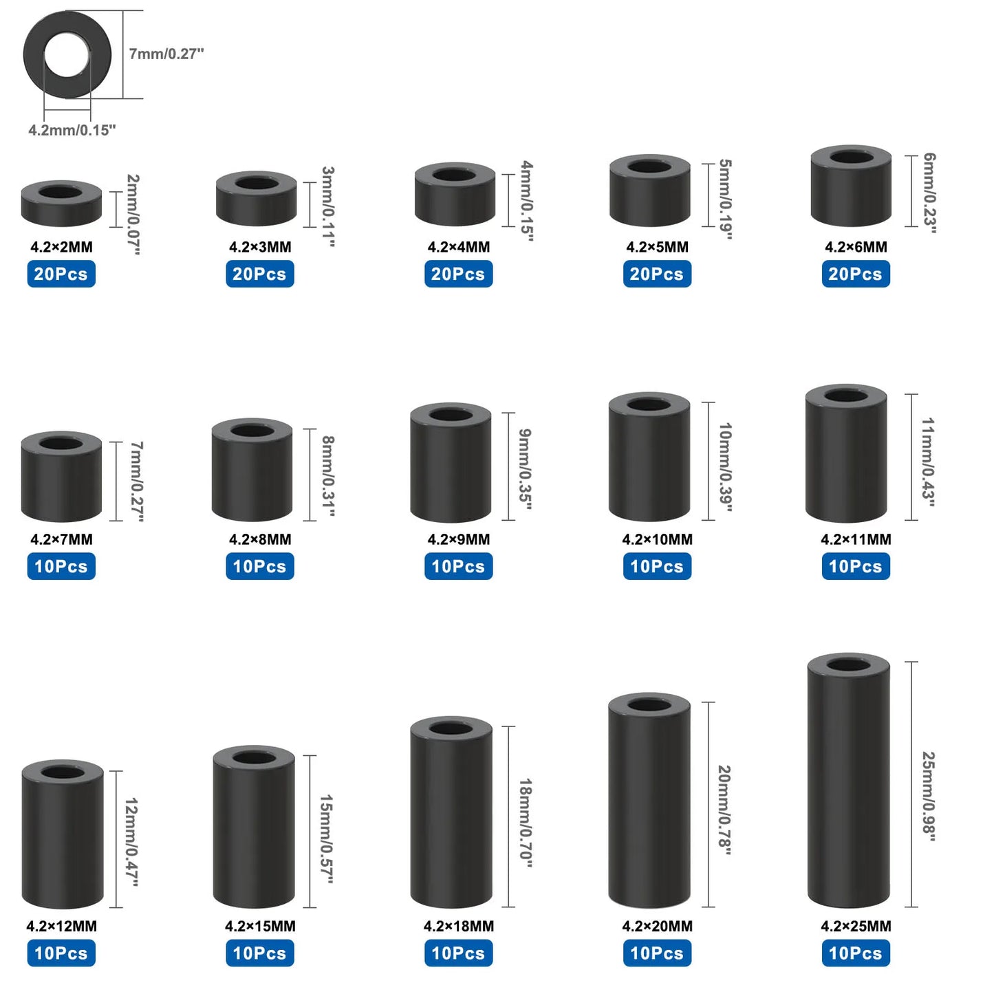 200pcs Round Spacer Standoff Screw ABS Nut 15 Different Length for M4 Screws Assortment Kit