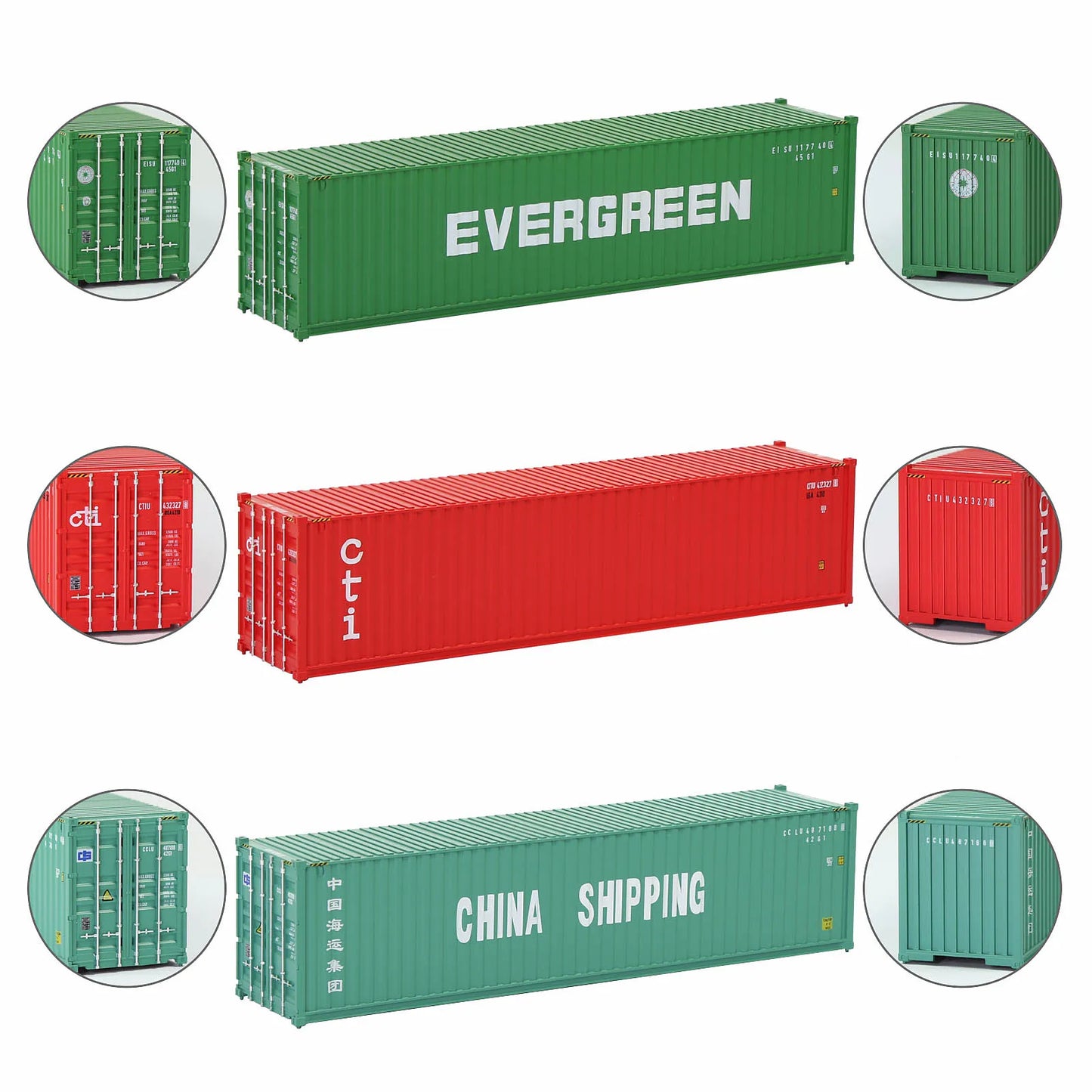 Evemodel 3pcs Different Logo HO Scale 40ft Containers 1:87 40' Shipping Cargo Box C8746