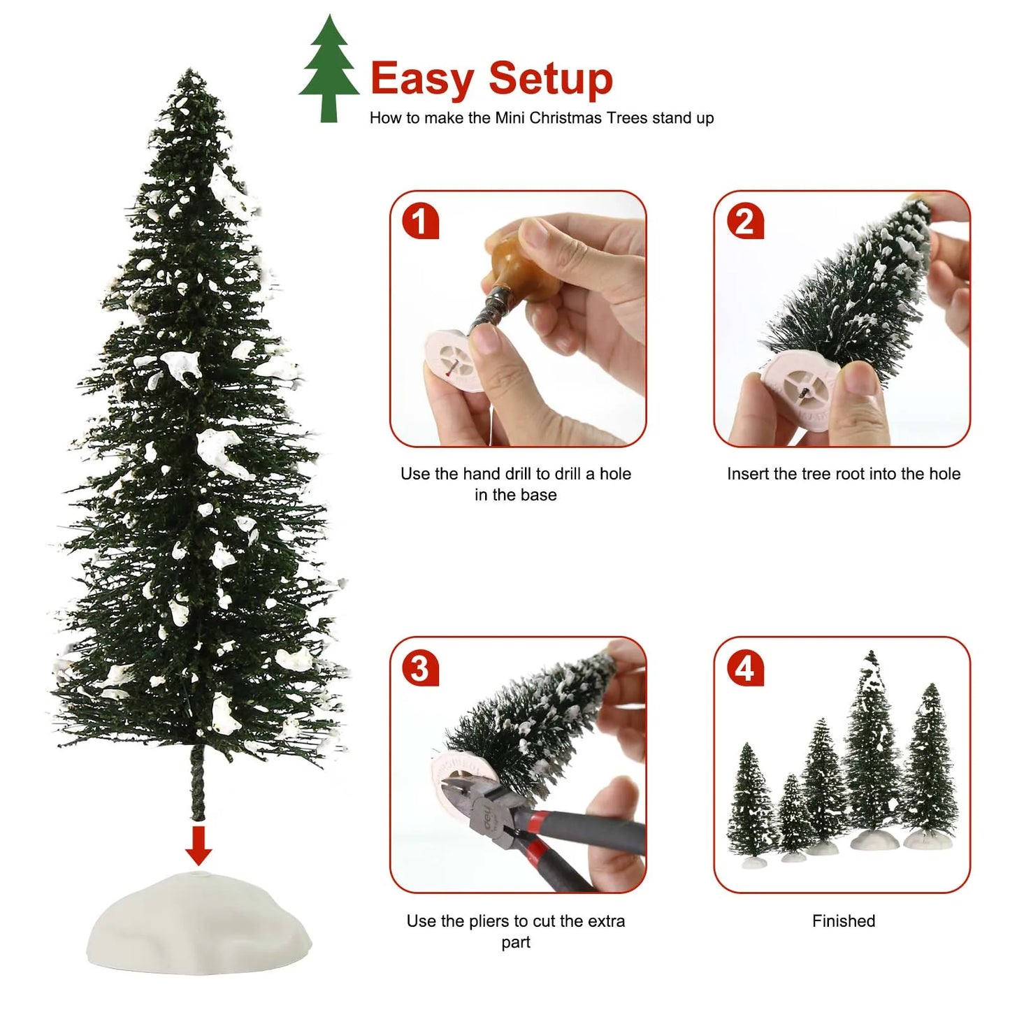 Evemodel Miniature Christmas Trees Covered Snow Snowy Pine Trees with White Bases for Christmas Home Party Decor XS0804