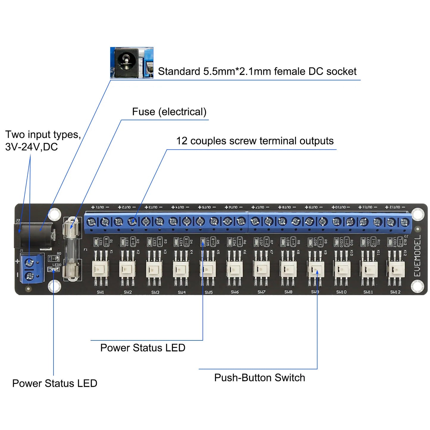 Evemodel 3V-24V DC Power Distribution Module Connector 12 Channel with Individual Switches PCB017