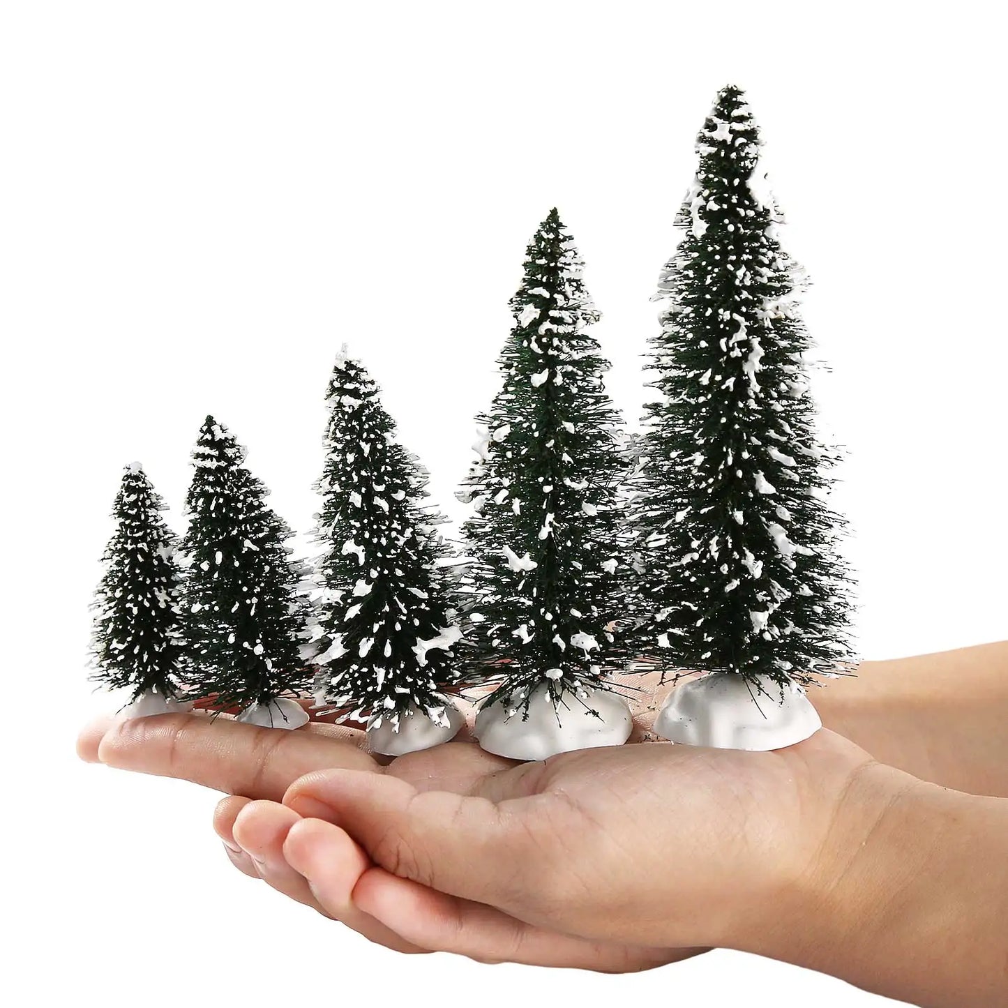 Evemodel Miniature Christmas Trees Covered Snow Snowy Pine Trees with White Bases for Christmas Home Party Decor XS0804