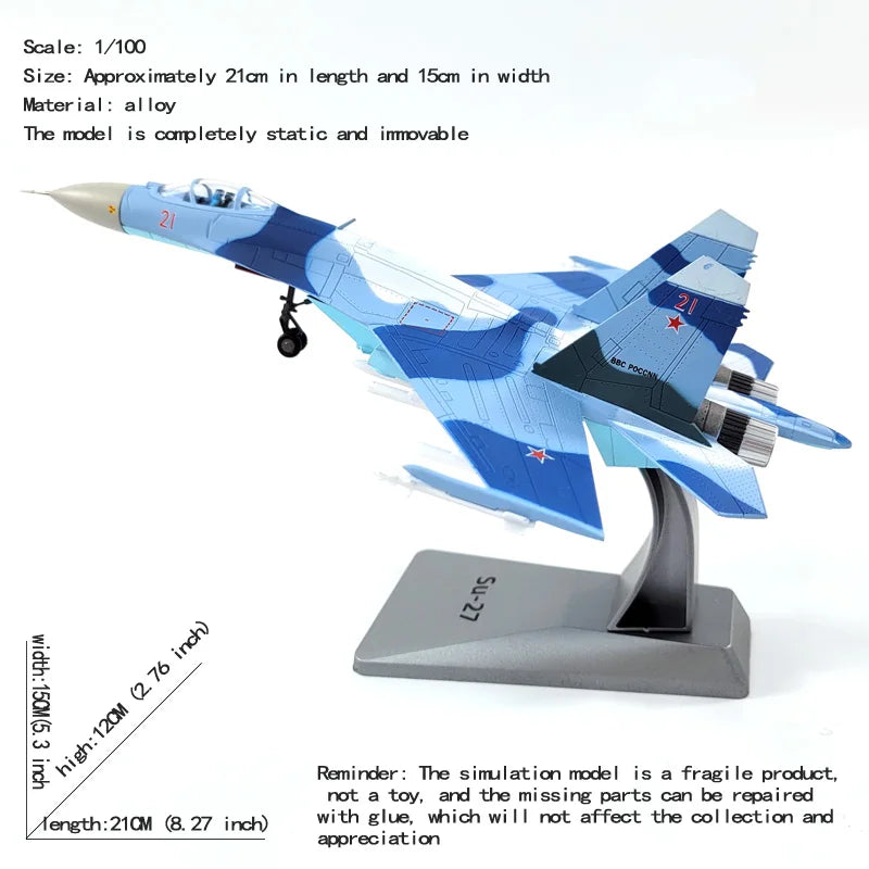 Russian Fighter Su-27 Diecast Metal 1/100 scale SU27 Aircraft Model Planes