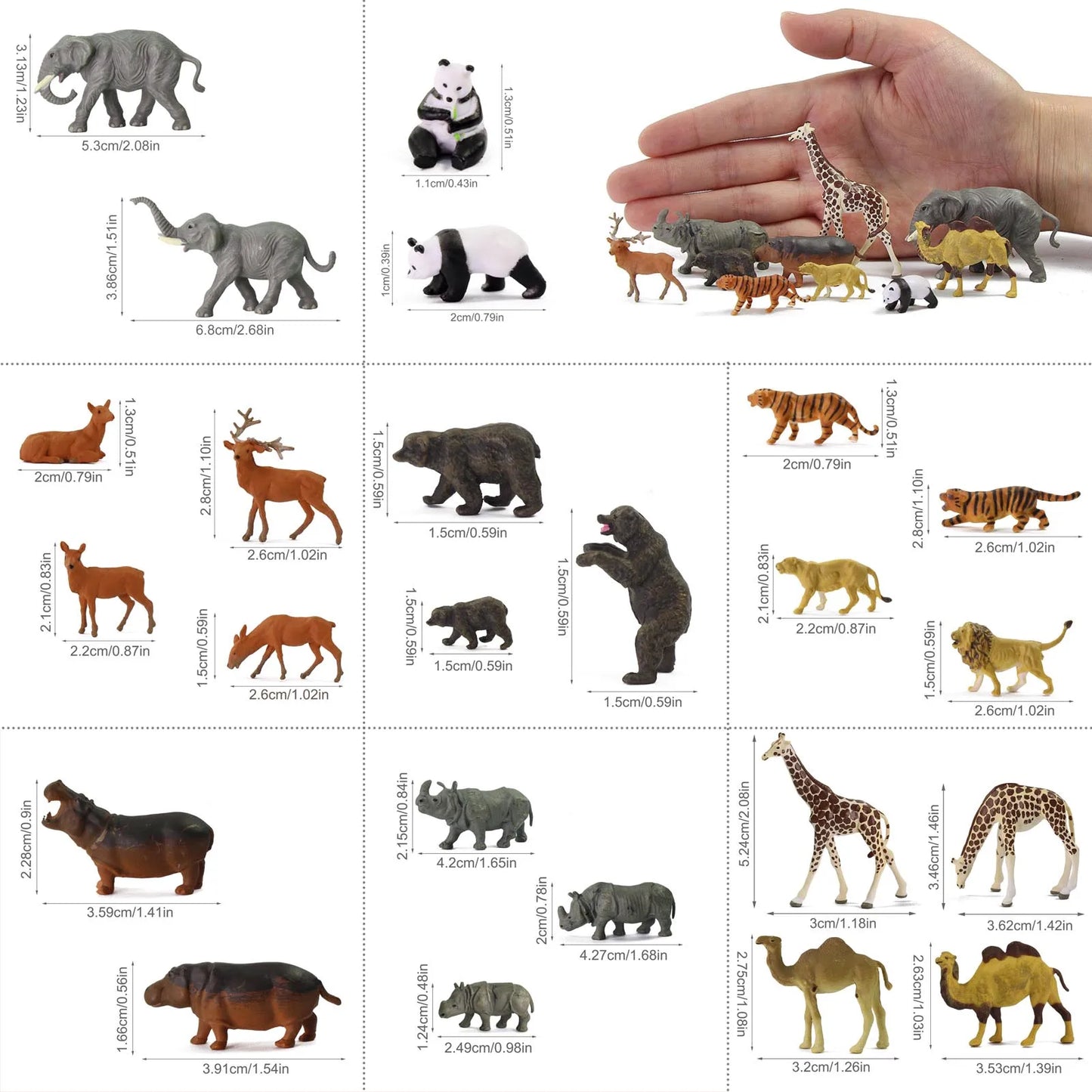 Evemodel Wild Animal Kit 24pcs Different Animals HO Scale 1:87 PVC Elephant Camel Giraffe Tiger Lion Panda Bear Deer Hippo Rhino