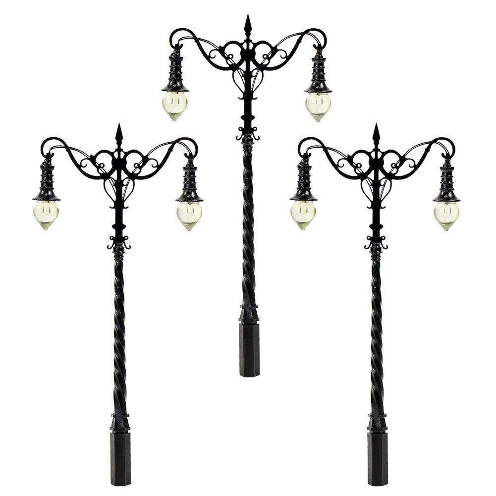 Evemodel 3pcs HO OO Scale Metal Vintage Lamps Street Light Two-heads Warm White LQS37