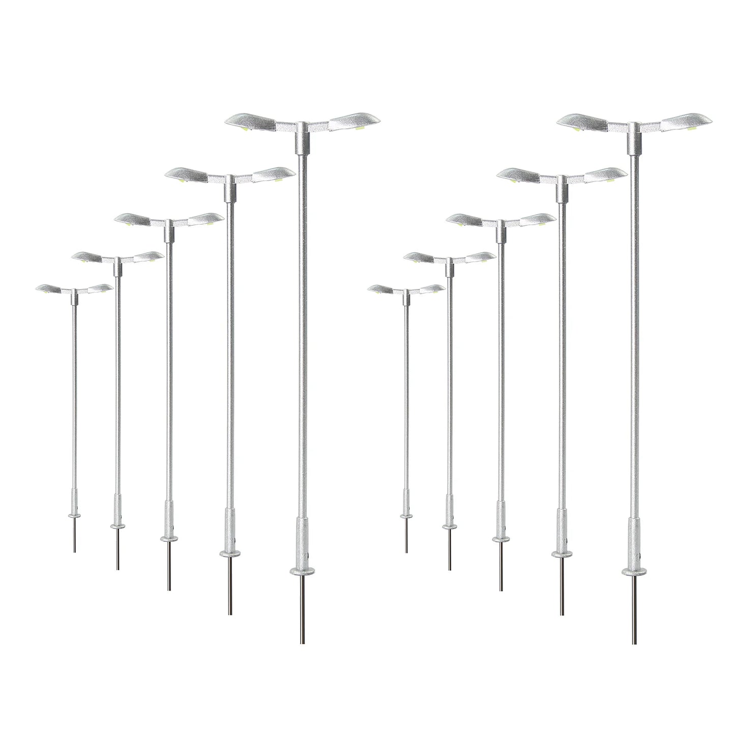 Evemodel 10pcs HO Scale 1:87 Street Lights Bright White LED Two-heads Metal Silver Lamps with Resistors for 12V LD13HOWSi