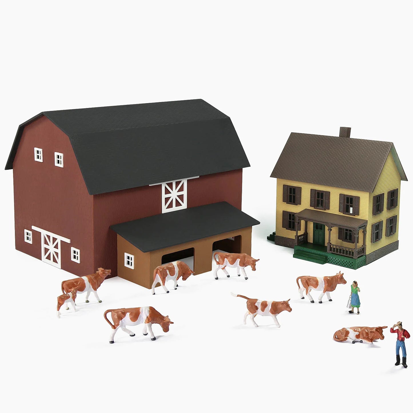 Evemodel HO Scale Model Building Two-story House Model Barn Farm Cows for Model Trains JZ8708