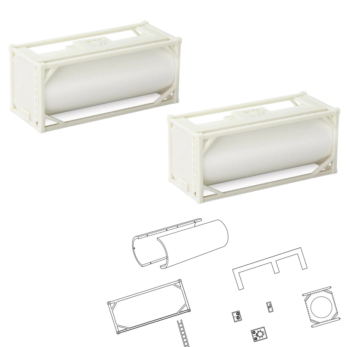 2 Units HO Scale 1:87 20' Disassembled Tank 20ft Uncolored Tanktainer Shipping Intermodal Container C8723JJ