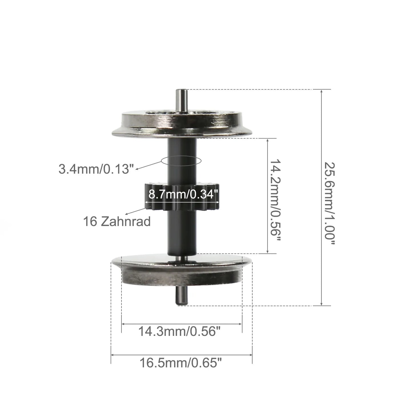 Evemodel HO Scale DC Wheel Sets 16.5mm Geared Drive Wheel Assembly with Gear - 16T Metal Axle HP4287 (Pack of 8)