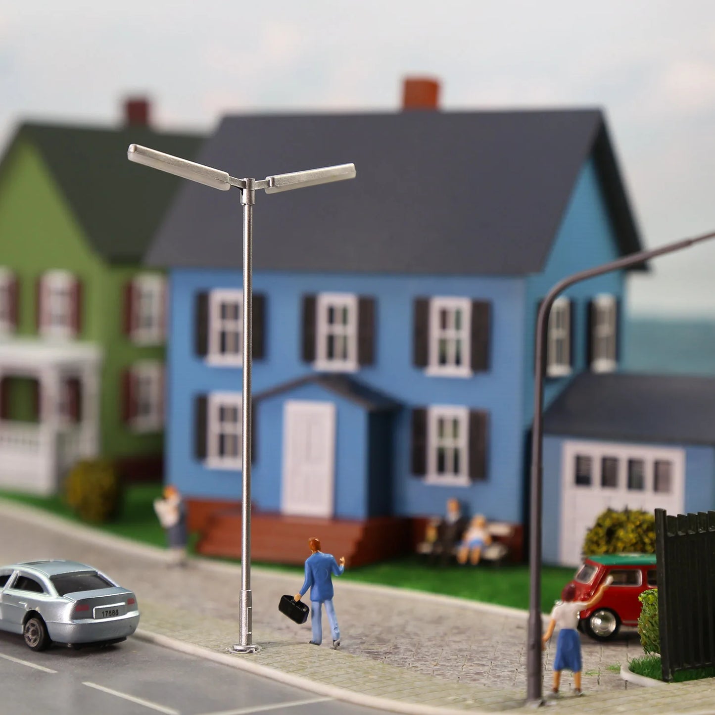 Evemodel 5pcs Model Trains HO Scale 1:87 Two-heads Silver Lamp Street Light Bright White LEDs LD06HOWSi