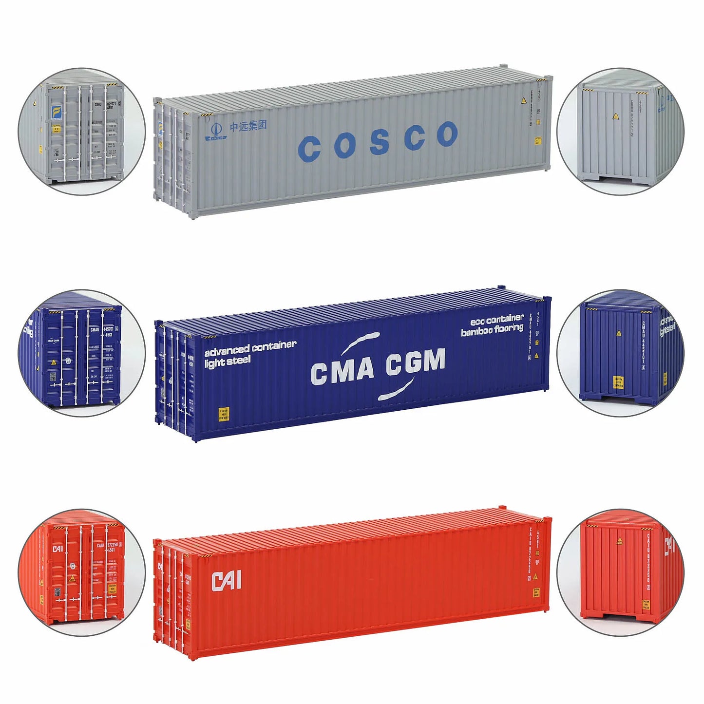 Evemodel 3pcs Different Logo HO Scale 40ft Containers 1:87 40' Shipping Cargo Box C8746