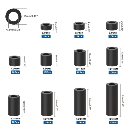 110pcs ABS Round Spacer Standoff Screw Nut for M6 Screws Assortment Kit 15 Different Length
