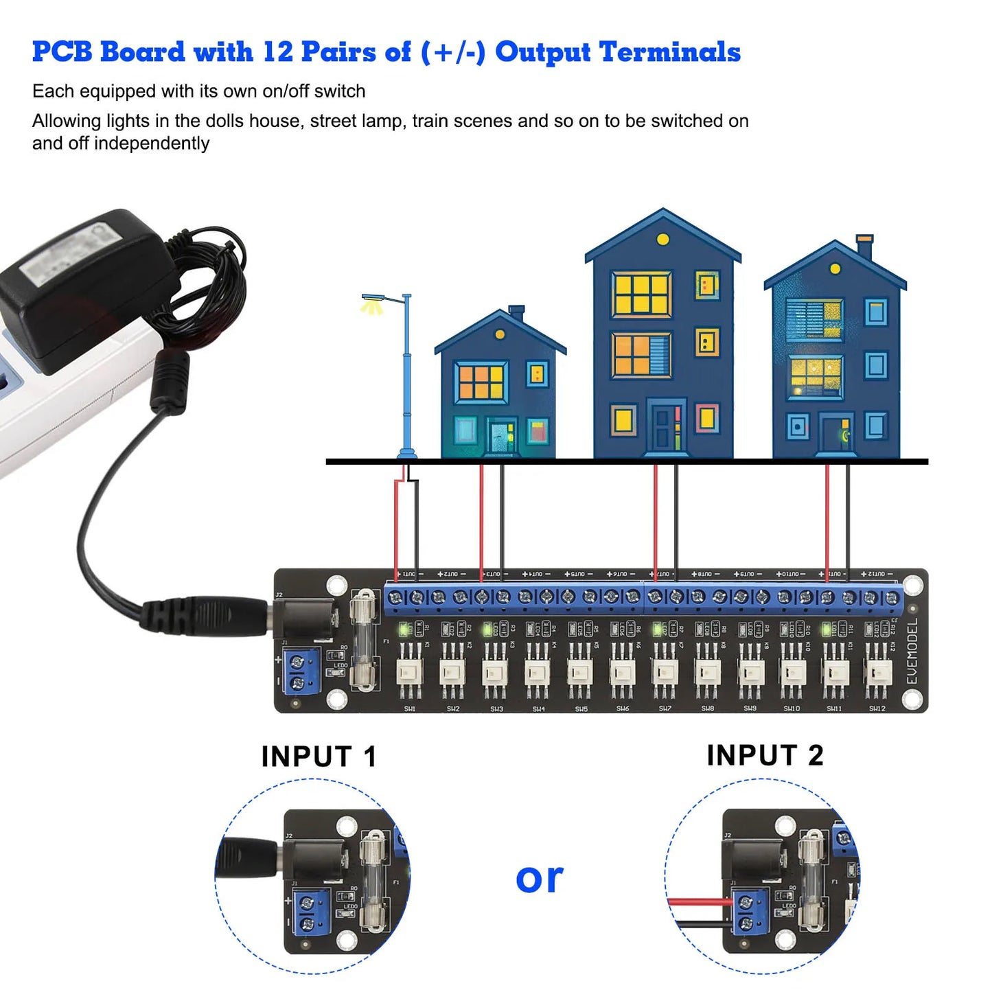 Evemodel 3V-24V DC Power Distribution Module Connector 12 Channel with Individual Switches PCB017