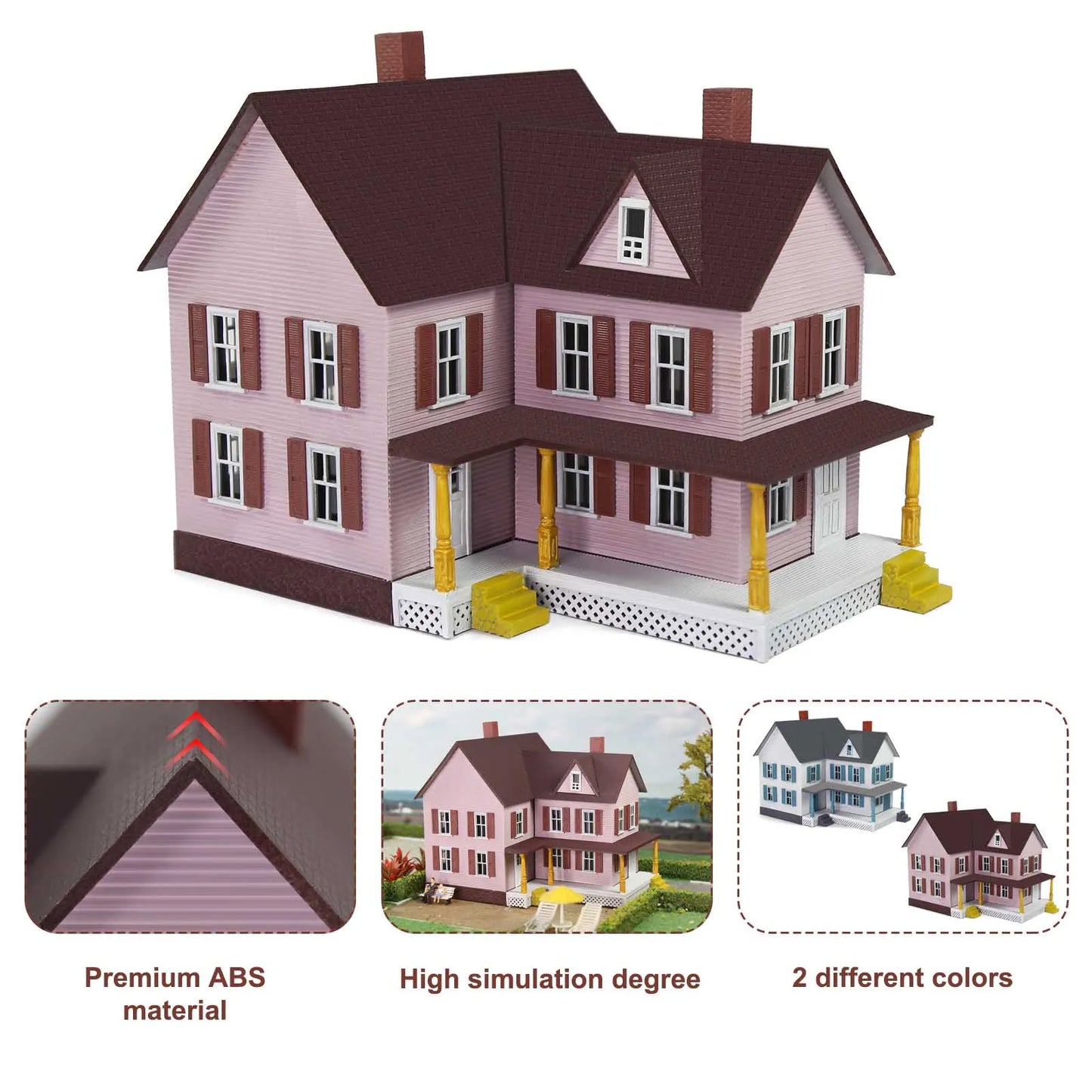 Evemodel HO Scale Model Village House Two-story Pink Building with Porch for Model Trains JZ8710P