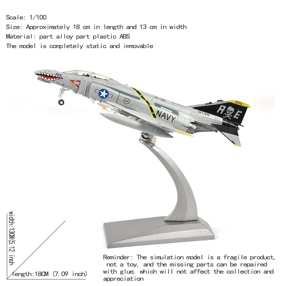 1/100 Scale Diecast Metal F-4 Fighter Ghost Military Bomber